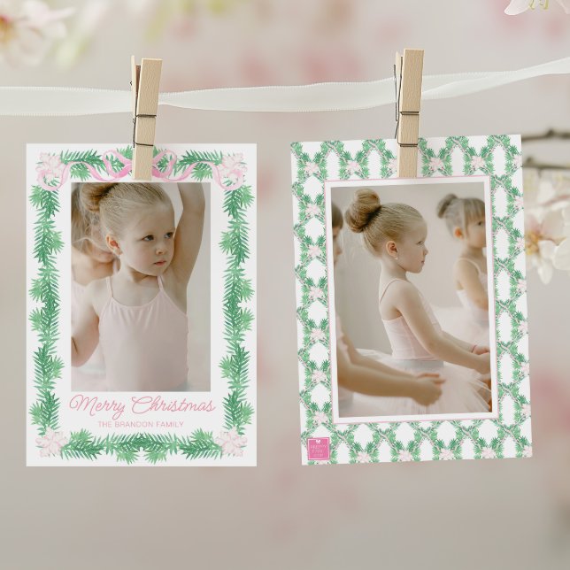 Watercolor Pink & Green Christmas Garland Photo Holiday Card (Creator Uploaded)