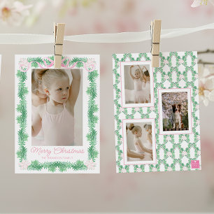 Watercolor Pink & Green Christmas Garland Photo Holiday Card