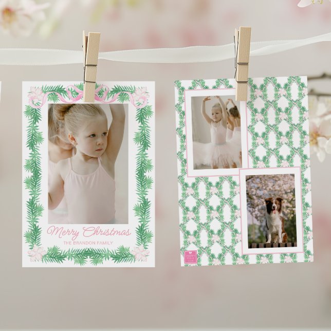 Watercolor Pink & Green Christmas Garland Photo Holiday Card (Creator Uploaded)
