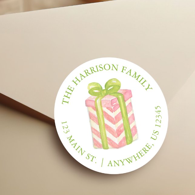 Watercolor Pink & Green Christmas Gift Address Classic Round Sticker (Creator Uploaded)
