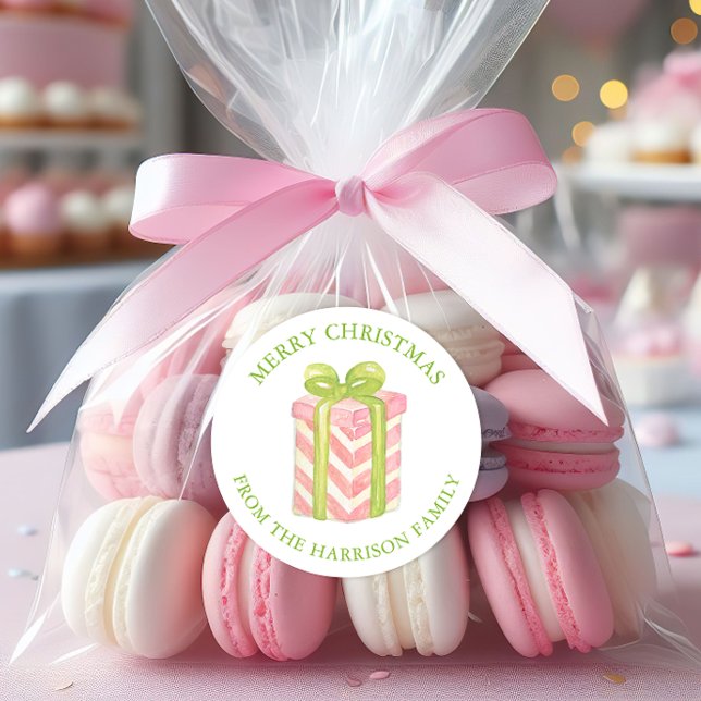 Watercolor Pink & Green Christmas Gift Classic Round Sticker (Creator Uploaded)