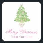 Watercolor Pink & Green Christmas Ginger Jar Tree Square Sticker<br><div class="desc">PreppyPrint.com - Celebrate Christmas in style! Add your personalized touch. Transfer this design onto the products of your choice too! Please visit my designer store,  PreppyPrint.com,  for coordinating items.</div>
