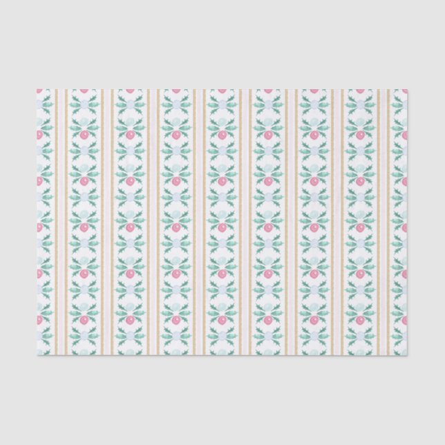 Watercolor Pink & Green Christmas Grandmillennial Tissue Paper (Front)