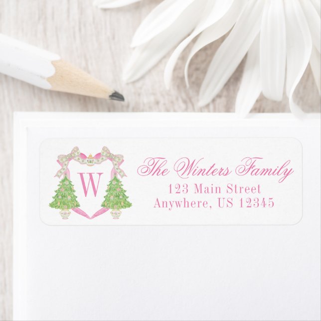 Watercolor Pink & Green Christmas Monogram Crest Label (Insitu)