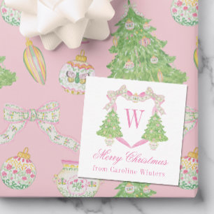 Watercolor Pink & Green Christmas Monogram Crest Note Card