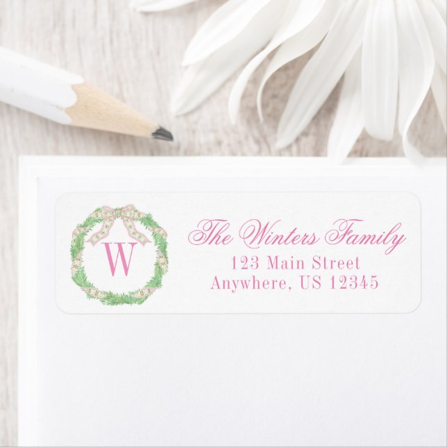 Watercolor Pink & Green Christmas Monogram Wreath Label (Insitu)