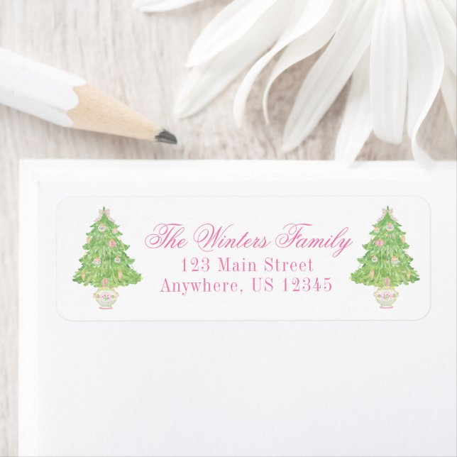 Watercolor Pink & Green Christmas Tree Address Label (Insitu)