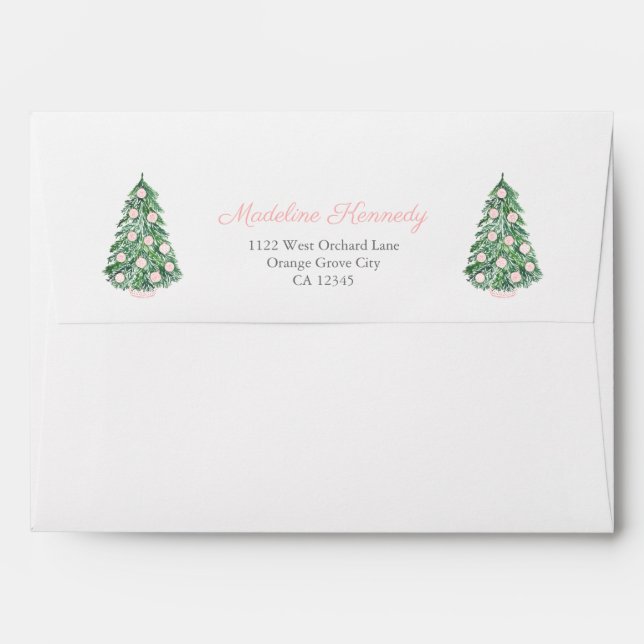 Watercolor Pink Green Christmas Tree Tartan Lined  Envelope (Back (Top Flap))