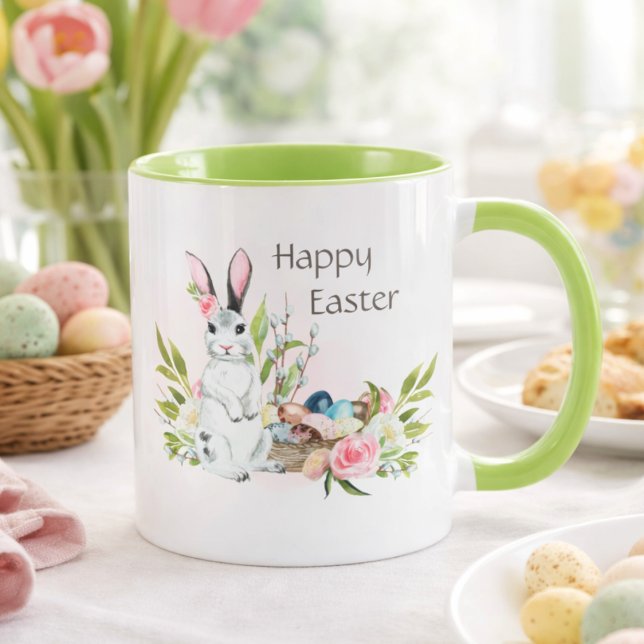 Watercolor Pink Green Easter Bunny Happy Easter Mug (Creator Uploaded)