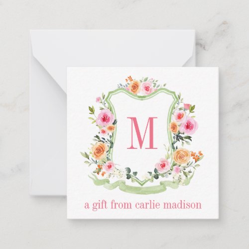 Watercolor Pink  Green Floral Monogram Crest Note Card