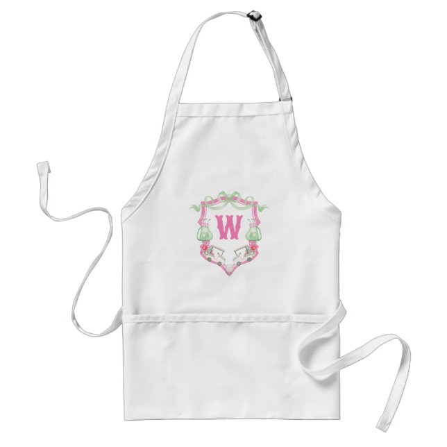 Watercolor Pink & Green Golf Cart Monogram Crest Adult Apron (Front)