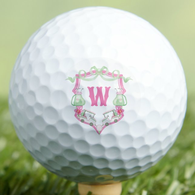 Watercolor Pink & Green Golf Cart Monogram Crest Balls (Creator Uploaded)