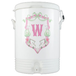 Watercolor Pink & Green Golf Cart Monogram Crest Beverage Cooler