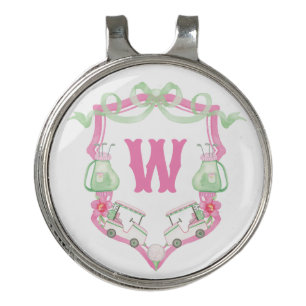 Watercolor Pink & Green Golf Cart Monogram Crest Golf Hat Clip