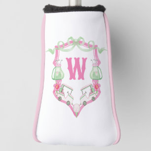 Watercolor Pink & Green Golf Cart Monogram Crest Golf Head Cover
