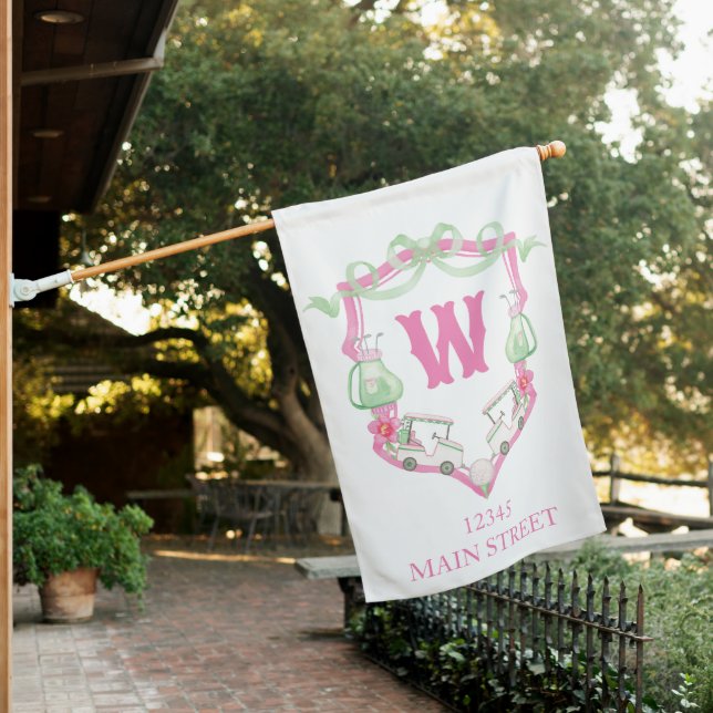 Watercolor Pink & Green Golf Cart Monogram Crest House Flag (In SItu)