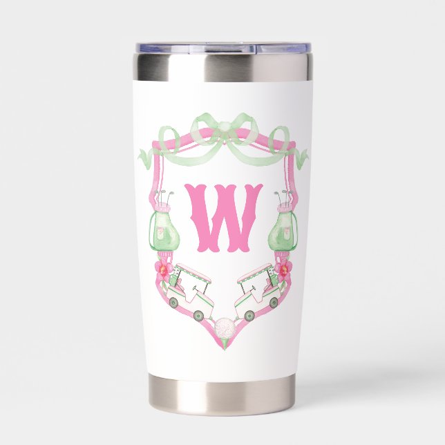 Watercolor Pink & Green Golf Cart Monogram Crest Insulated Tumbler (Front)