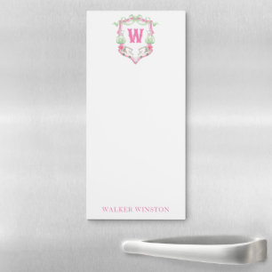 Watercolor Pink & Green Golf Cart Monogram Crest Magnetic Notepad