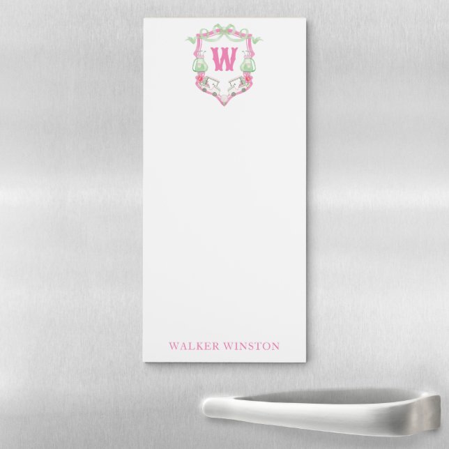 Watercolor Pink & Green Golf Cart Monogram Crest Magnetic Notepad (In Situ)