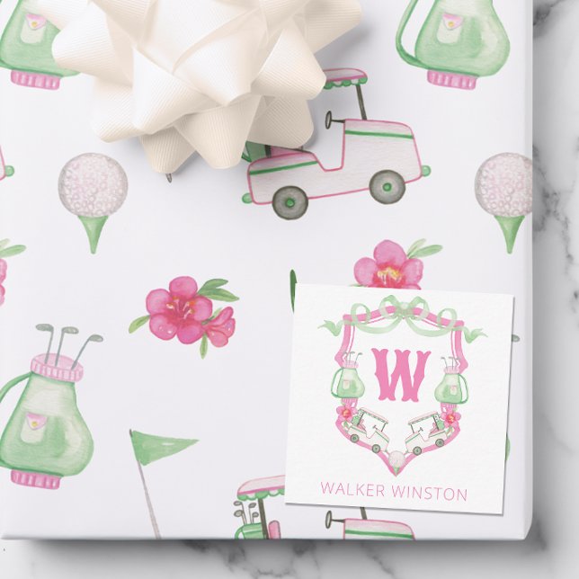 Watercolor Pink & Green Golf Cart Monogram Crest Note Card (Creator Uploaded)