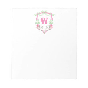 Watercolor Pink & Green Golf Cart Monogram Crest Notepad