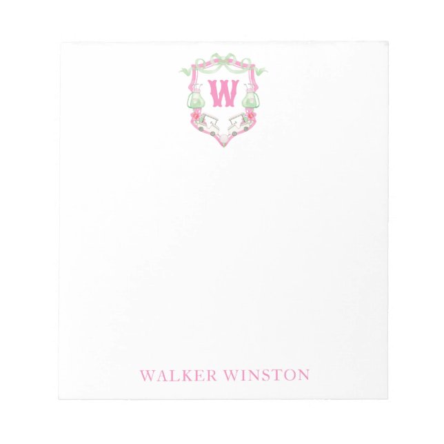 Watercolor Pink & Green Golf Cart Monogram Crest Notepad (Front)