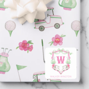 Watercolor Pink & Green Golf Cart Monogram Crest Square Sticker