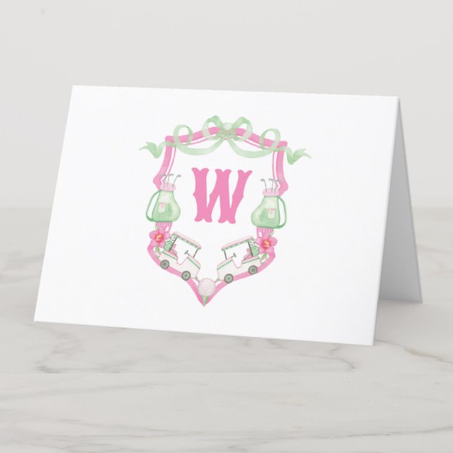Watercolor Pink & Green Golf Cart Monogram Crest Thank You Card (Creator Uploaded)