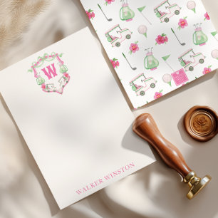 Watercolor Pink & Green Golf Cart Monogram Crest Thank You Card