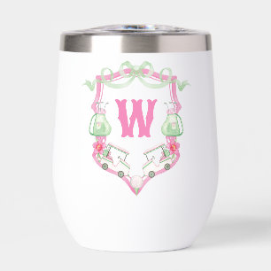 Watercolor Pink & Green Golf Cart Monogram Crest Thermal Wine Tumbler