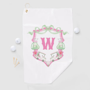 Watercolor Pink & Green Golf Cart Monogram Crest Towel