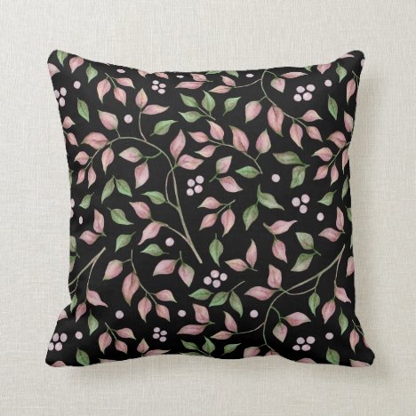 Watercolor Pink Green Leaves on Black | Throw Pillow
