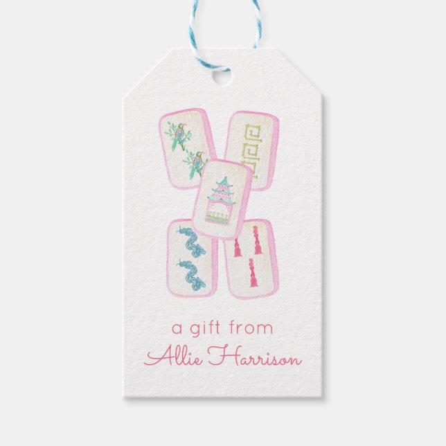 Watercolor Pink & Green Mahjong Tiles Personalized Gift Tags (Front)