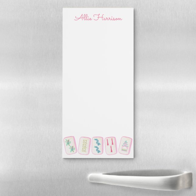Watercolor Pink & Green Mahjong Tiles Personalized Magnetic Notepad (In Situ)