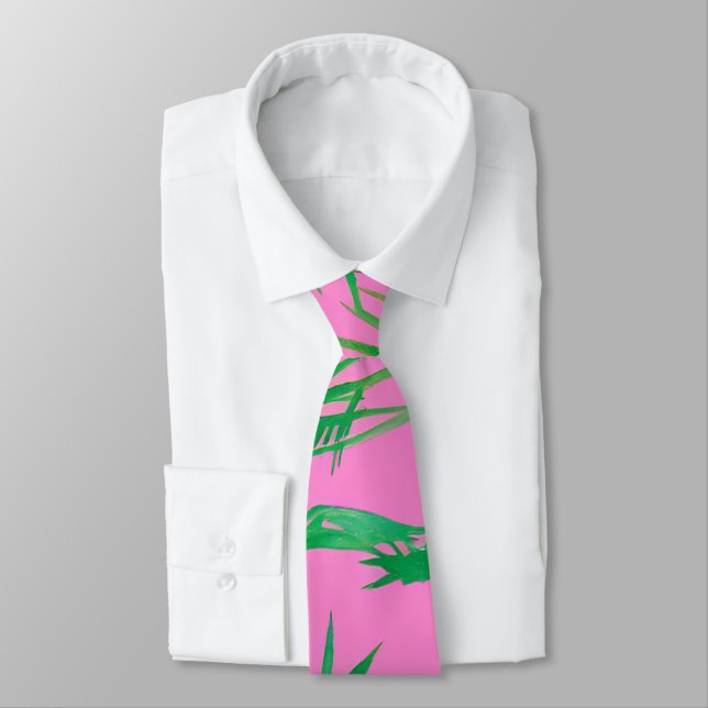 Watercolor Pink & Green Palm Tree Leaves Neck Tie (Tied)
