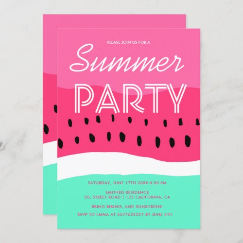 Watercolor pink green watermelon summer party invitation