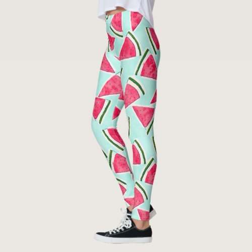 Watercolor Pink Green Watermelon Triangles Leggings