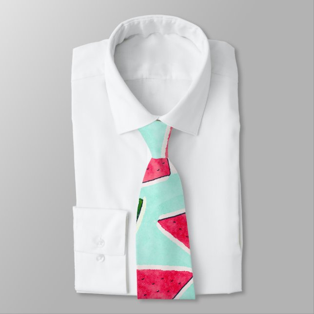 Watercolor Pink Green Watermelon Triangles Neck Tie (Tied)