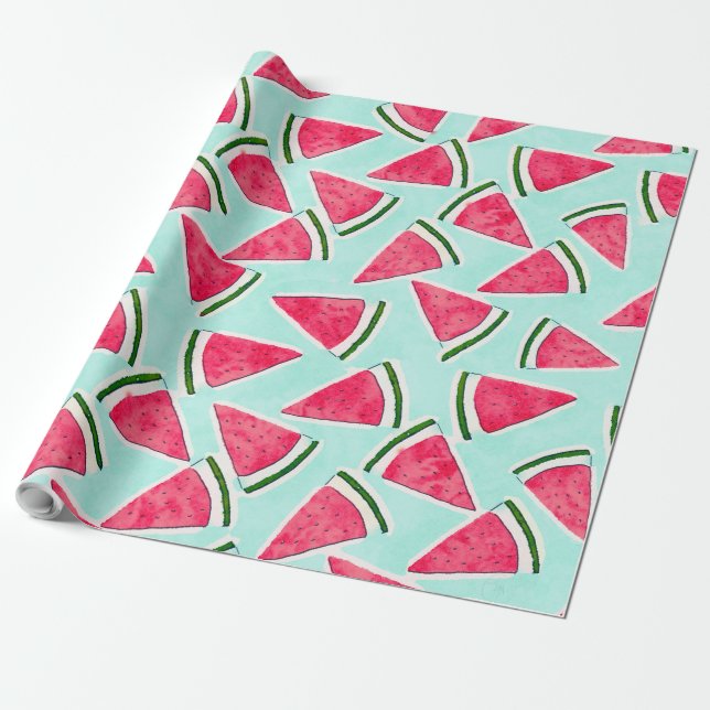Watercolor Pink Green Watermelon Triangles Wrapping Paper (Unrolled)