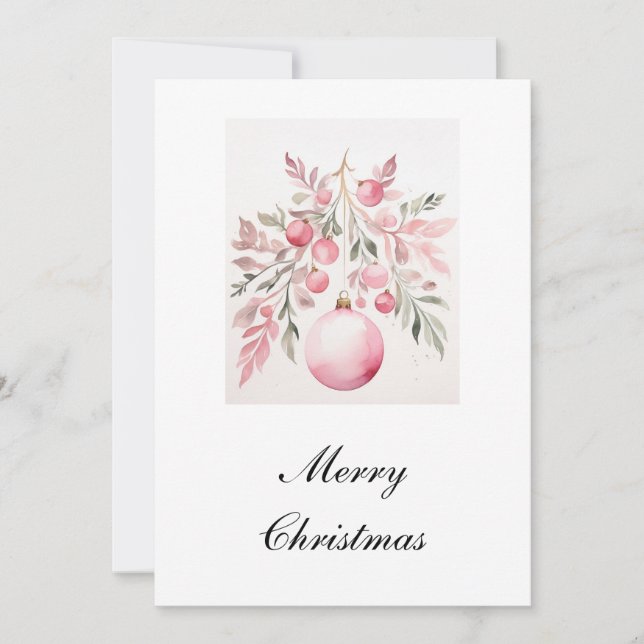 Watercolor Pink Greenery Bauble Christmas Card (Front)