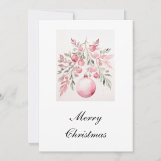 Watercolor Pink Greenery Bauble Christmas Card