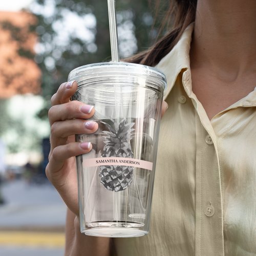 Watercolor Pink  Grey Pineapple  Your  Name Acrylic Tumbler