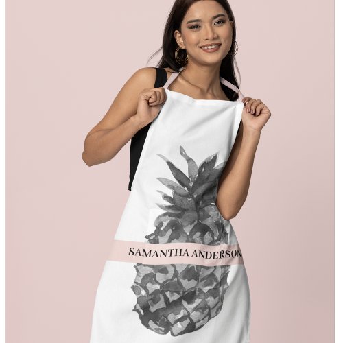 Watercolor Pink  Grey Pineapple  Your  Name Apron