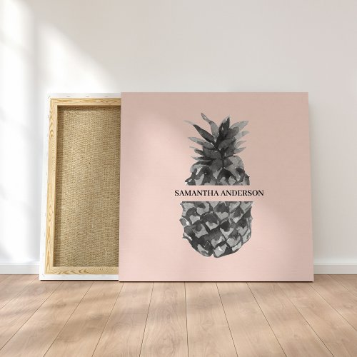 Watercolor Pink  Grey Pineapple  Your  Name Canvas Print