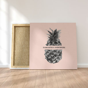 Watercolor Pink & Grey Pineapple   Your  Name Canvas Print