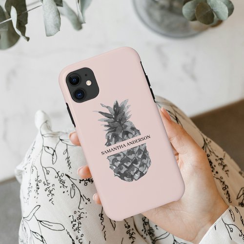 Watercolor Pink  Grey Pineapple  Your  Name iPhone 11 Case