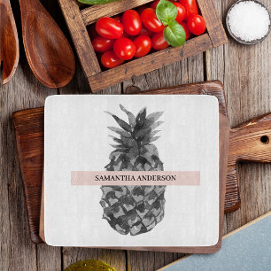 Watercolor Pink & Grey Pineapple Your Name Cutting Board