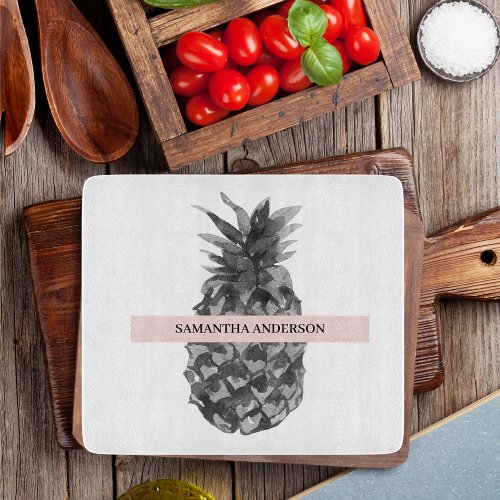Watercolor Pink  Grey Pineapple  Your  Name Cutting Board