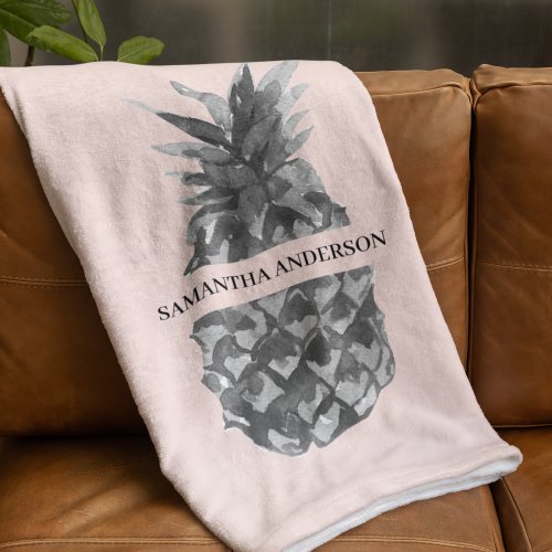 Watercolor Pink  Grey Pineapple  Your  Name Fleece Blanket