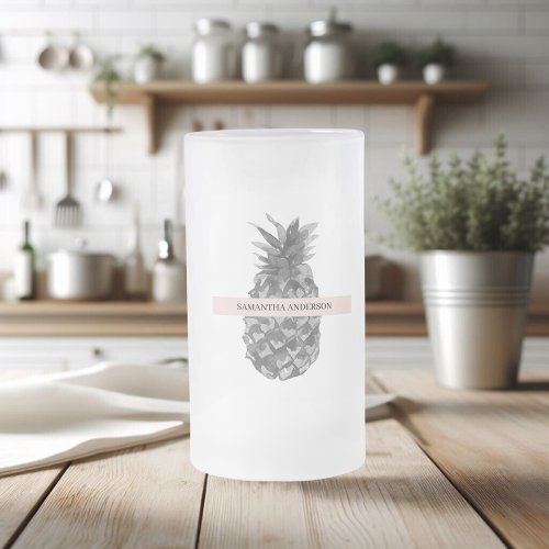 Watercolor Pink  Grey Pineapple  Your  Name Frosted Glass Beer Mug